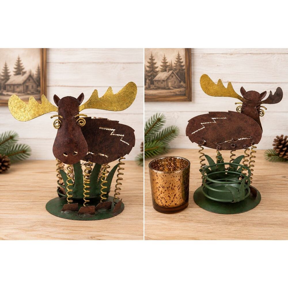 Rustic Metal Moose Votive Candle Holder Gold Antlers Cabin Lodge Tealight Decor
